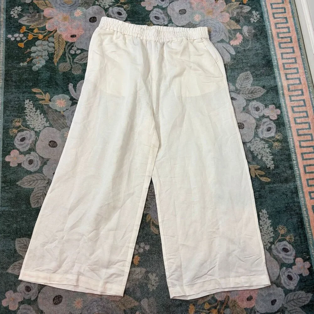 NWT H&M Linen Blend Pants Womens Medium White Elastic Waist Wide Leg Pull On